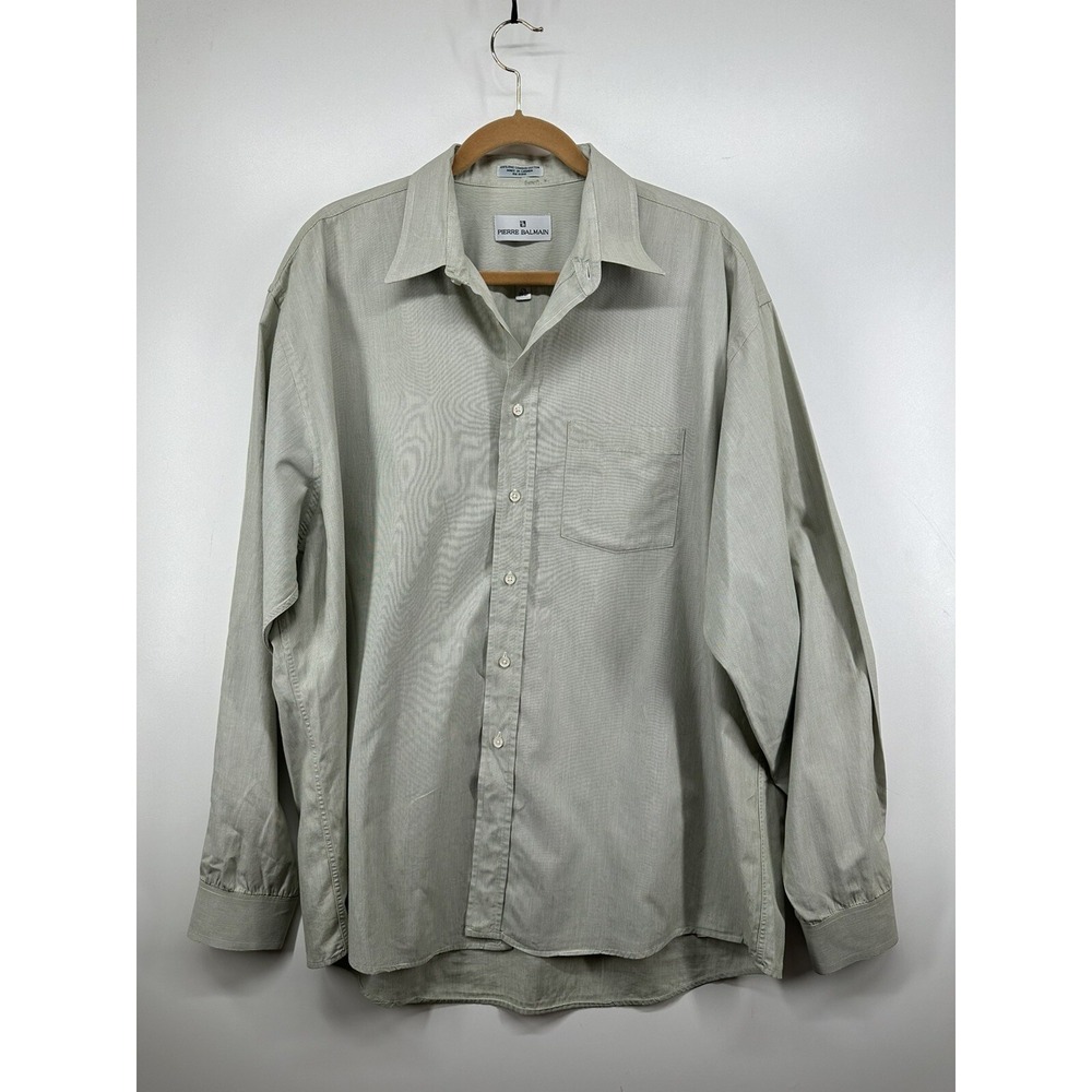 Pierre Balmain Shirt Long Sleeve Button Up Vintage Men Sz 17.5 36/37 Gray w Flaw